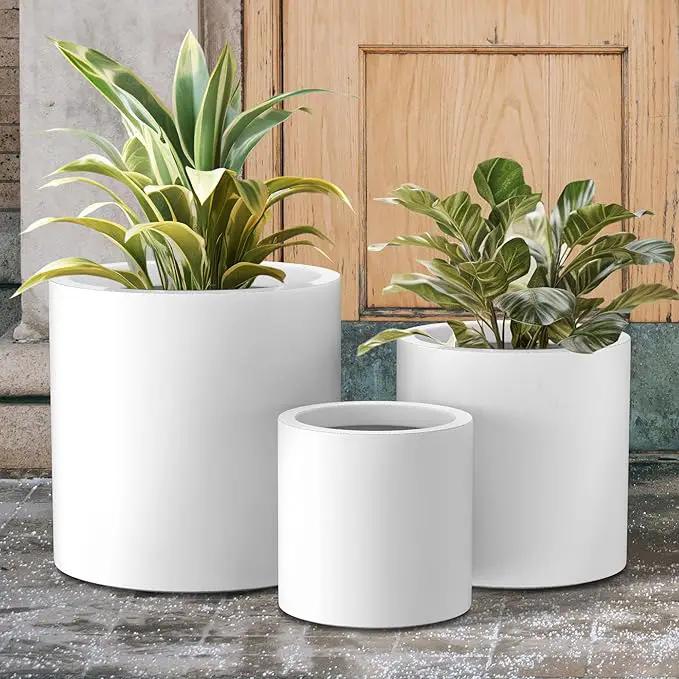 Kante RC0119ABC-C80011 Set of 3 Lightweight Concrete Modern Cylinder Outdoor Planters, 15.8, 12.9 and 9.8 Inch Diameter, Pure White by GreenHaven Gardens