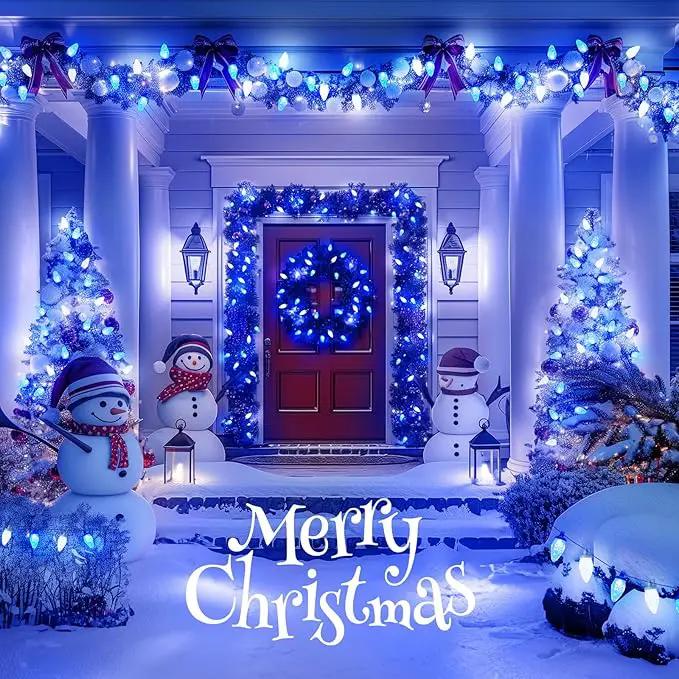Brightown C9 LED Christmas String Lights, 66ft 100 LED Waterproof Strawberry String Lights, Plug-in Extendable Green Wire Lights String for Outdoor Outside Patio Party Decoration, Blue and White by GreenHaven Gardens