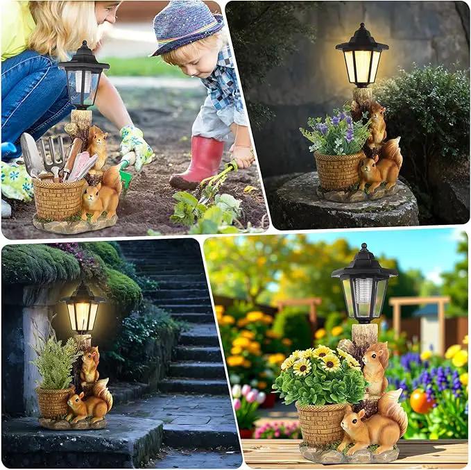 Solar Squirrels Outdoor Statues, Garden Sculptures with Flowerpot Decor & Solar Lantern for Yard Art Lawn Ornaments Porch Patio Balcony - Birthday Gifts for Women Mom by GreenHaven Gardens