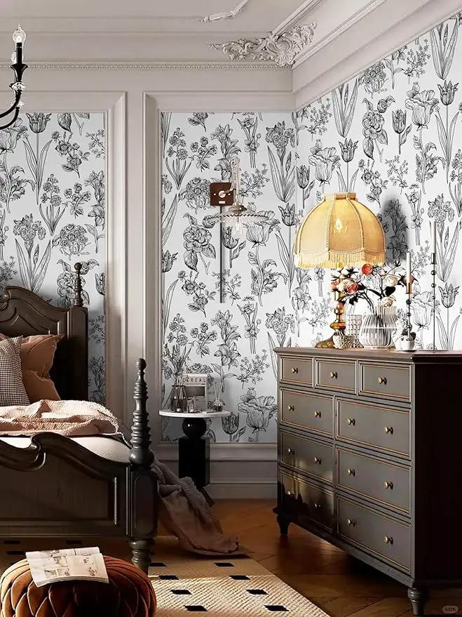 Dimoon 236"x17.3" Floral Peel and Stick Wallpaper White Contact Paper Waterproof Black Lines Wallpaper Vintage Flower Thicken Plant Self Adhesive Removable Wall Covering Shelf Liner Decal Vinyl Roll by GreenHaven Gardens