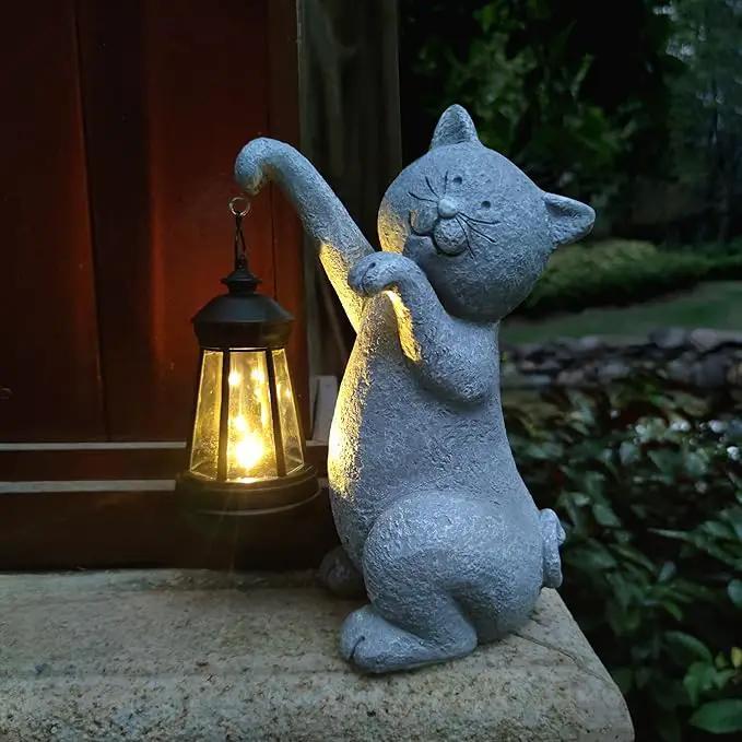 Cat Solar Garden Statues,Resin Cat Figurine Decorations with Solar Lights Lantern, Outdoor，Statue Decor Art for Lawn,Yard,Unique Housewarming Gift for Garden Home by GreenHaven Gardens