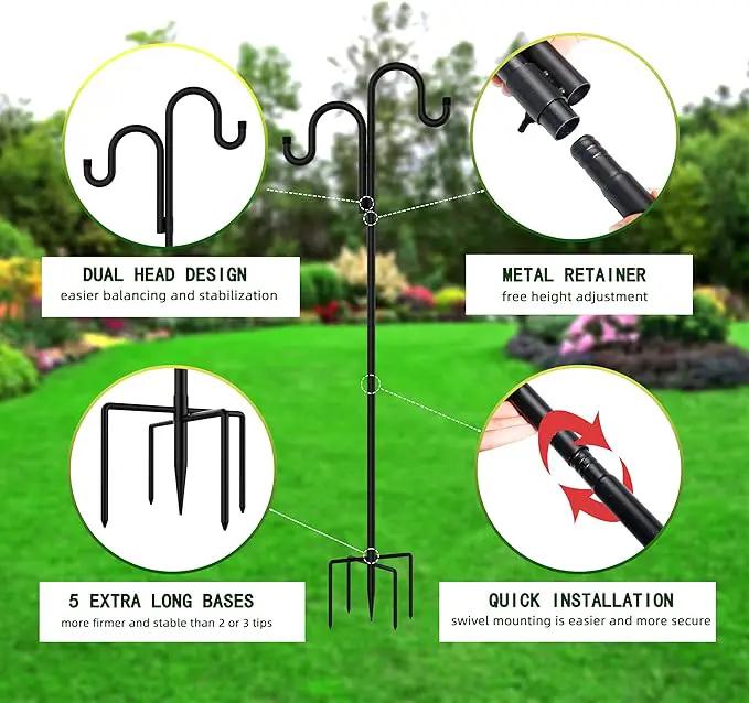 Double Shepherds Hooks for Outdoor, Bird Feeder Pole with 5 Prongs Base, Heavy Duty Garden Hook for Lantern, Wind Chime and Hummingbird Feeder, 62 Inch, 2 Pack by GreenHaven Gardens