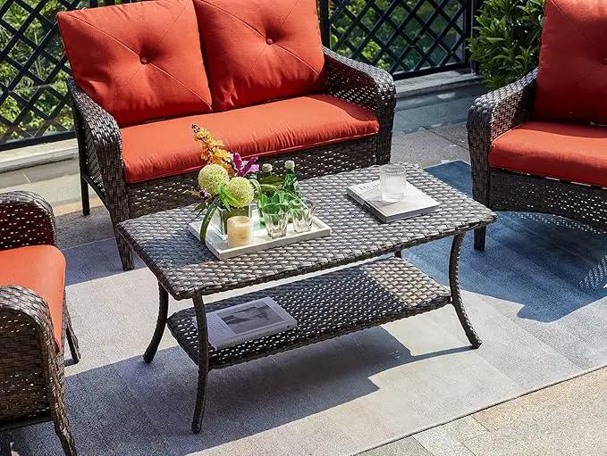 Patio Tables Outdoor Coffee Table - Wicker Rattan Coffee Tables with 2-Tier Storage Shelf Side Table for Porch Deck Balcony Garden Outside Rectangle Brown by GreenHaven Gardens