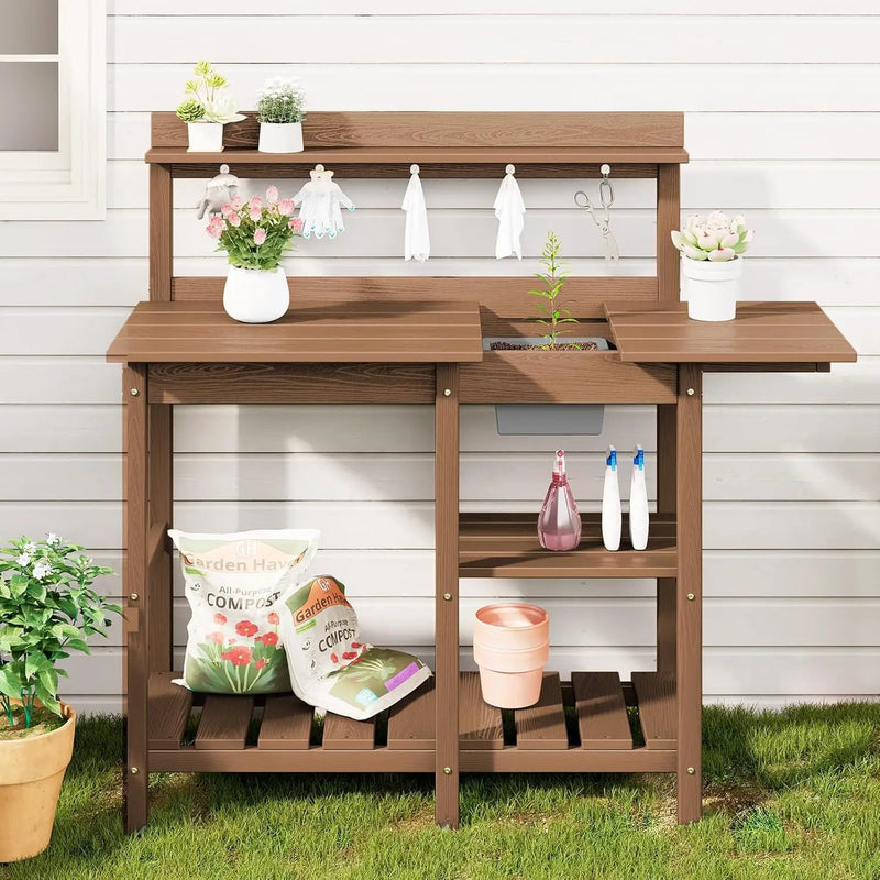 SERWALL Potting Bench Outdoor Potting Table with Sink, HDPE Potting Benches for Outside Gardening Table All Weather Use- Brown by GreenHaven Gardens