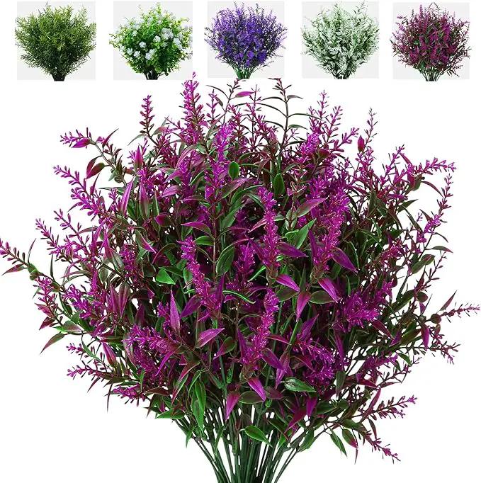 8 Pack Artificial Plants Flowers Grass Shrubs Lavender No Fade Faux Plastic Flowers Outdoor for Farmhouse Garden Porch Patio Indoor Wedding Decoration Greenery Fake Plants uv Resistant by GreenHaven Gardens