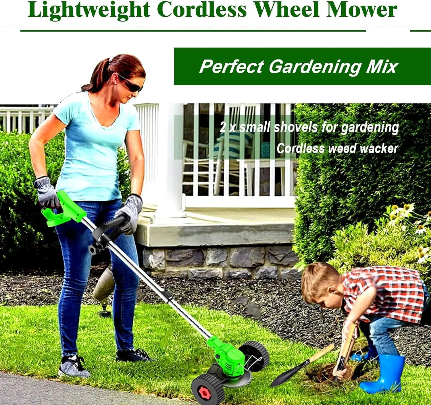 Electric Weed Wacker Eater Cordless Battery Powered, Weed Trimmer 21V Lightweight No-String with 2 Battery Operated & Wheels, 3 in 1 Stringless Grass Trimmer/Edger/Brush Cutter for Garden Yard Lawn by GreenHaven Gardens