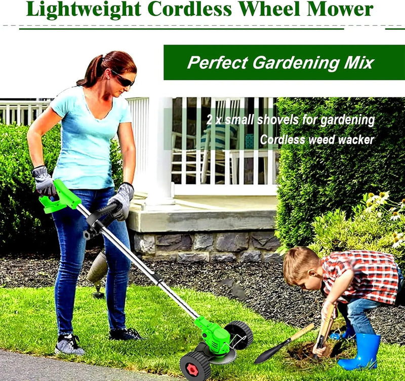 Electric Weed Wacker Eater Cordless Battery Powered, Weed Trimmer 21V Lightweight No-String with 2 Battery Operated & Wheels, 3 in 1 Stringless Grass Trimmer/Edger/Brush Cutter for Garden Yard Lawn by GreenHaven Gardens