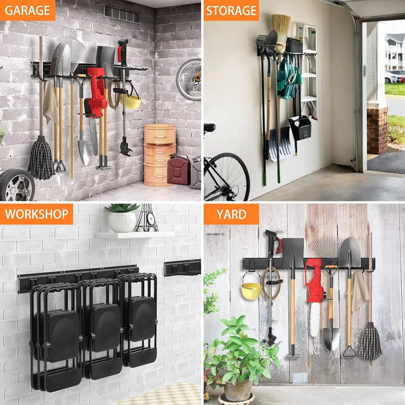 Garage Tool Organizer Wall Mount, Yard Garden Tool Organizer, Adjustable Tool Storage Rack with 4 Heavy Duty Steel Hooks, Max Load 200lbs Garage Organization, Black by GreenHaven Gardens