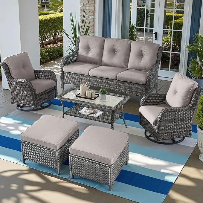 Outdoor Wicker Patio Furniture Set - 6 Piece Rattan Patio Conversation Set with 2 Rocking Swivel Chairs,2 Ottomans,1 Sofa and 1 Coffee Table for Porch Deck Backyard Garden(Mixed Grey/Grey) by GreenHaven Gardens