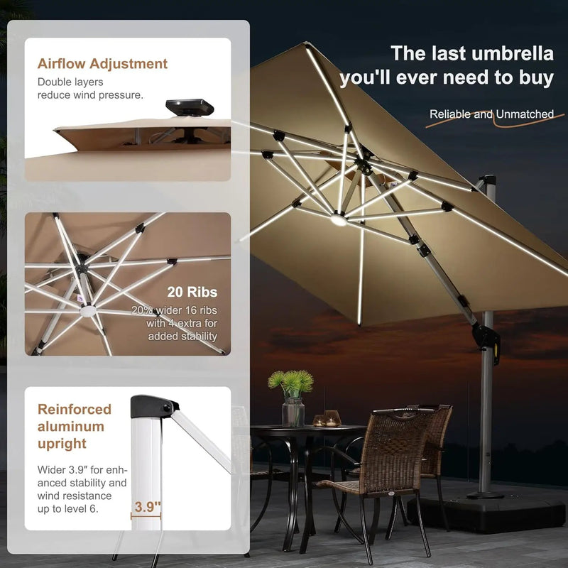 PURPLE LEAF 10' X 10' Solar Powered LED Patio Large Umbrella Offset Double Top Hanging Umbrella Outdoor Market Umbrella for Garden, Deep Beige by GreenHaven Gardens