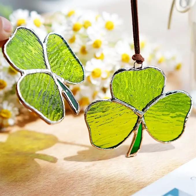 Handmade Stained Glass Shamrock Sun Catcher Window Hanging Irish Suncatcher St. Patrick's Day Decor for Home Green Clover Flower Stained Glass Window Panels for Window 3inch by GreenHaven Gardens