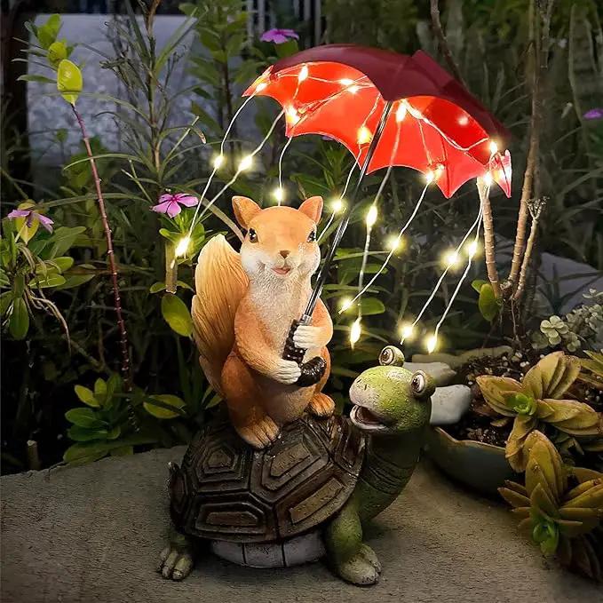 Solar Garden Statue Outdoor Decor - Squirrel Standing on Turtle Holding Umbrella with String Lights Outdoor Waterproof Statues for Patio Lawn Yard Decoration Garden Ornaments Housewarming Gifts by GreenHaven Gardens