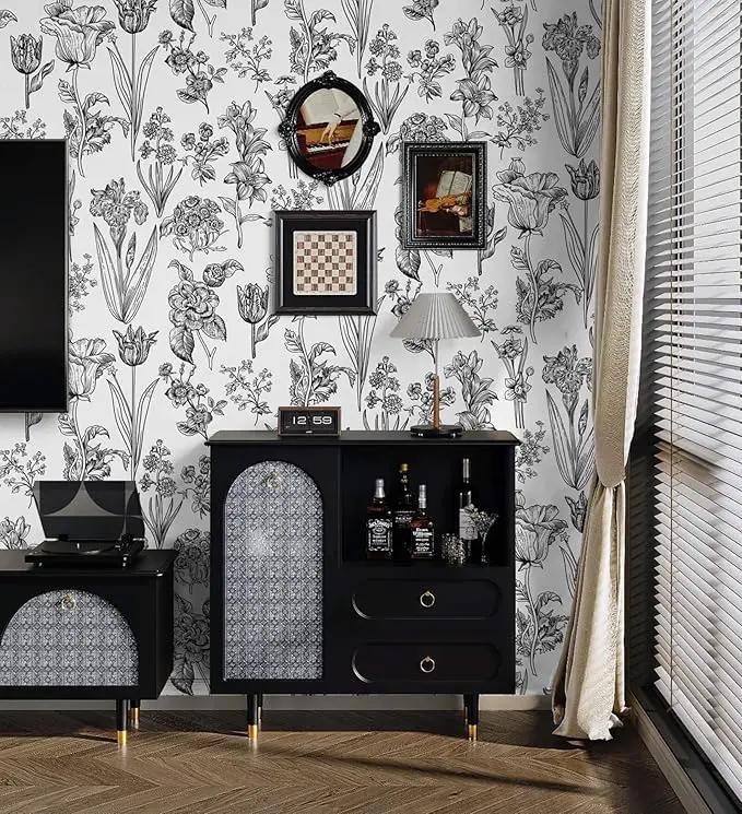 Dimoon 236"x17.3" Floral Peel and Stick Wallpaper White Contact Paper Waterproof Black Lines Wallpaper Vintage Flower Thicken Plant Self Adhesive Removable Wall Covering Shelf Liner Decal Vinyl Roll by GreenHaven Gardens