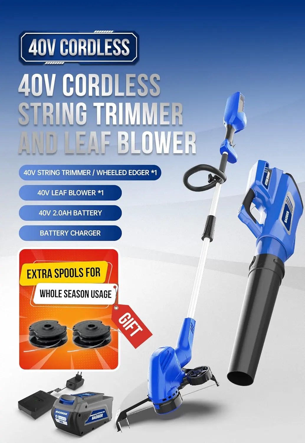 WILD BADGER POWER 40V Weed Wacker & Leaf Blower, Wheeled Edger Kit Electric with 2Ah Battery & Charger, String Trimmer, Lightweight, Adjustable Telescopic Shaft, Easy to Use and Convert by GreenHaven Gardens