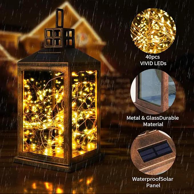 Solar Lantern Outdoor, Garden Hanging Lantern Solar Powered - Glass Waterproof Brushed Copper Solar Table Lantern Decorative Lights Flash and Steady-on Modes for Patio, Backyard, Garden by GreenHaven Gardens