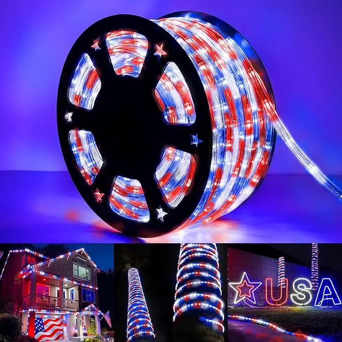 100ft LED Rope Lights Outdoor, 720 LED Connectable & Flexible Tube Lights with 8 Modes, Waterproof LED Rope Lighting for Independence Flag Day, Memorial Day, Outdoor,Indoor Decor (Red & White & Blue) by GreenHaven Gardens
