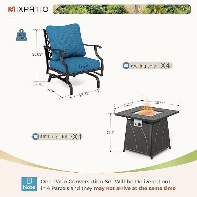 Patio Furniture Set with Fire Pit Table, 5 Pcs Metal Outdoor Conversation Set, 4 Rocking Chairs with 5.75" Extra Thick Cushion and 28" Fire Pit Table for Backyard Deck, Green Blue by GreenHaven Gardens