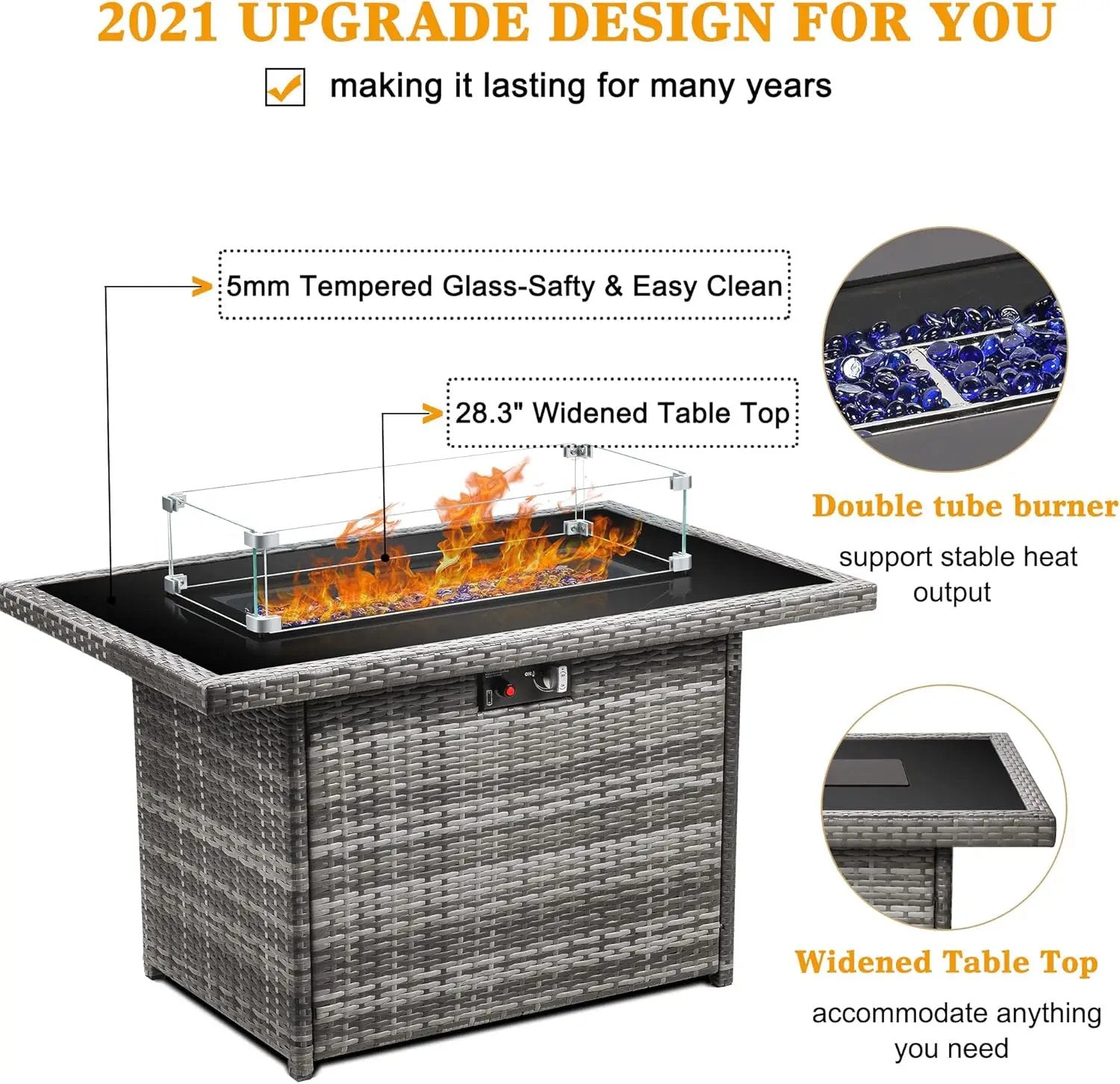 LayinSun 44" Propane Gas Fire Pit Table, 55000 BTU Rectangular Fire Pit with Glass Wind Guard for Outside Patio Deck Garden Backyard by GreenHaven Gardens