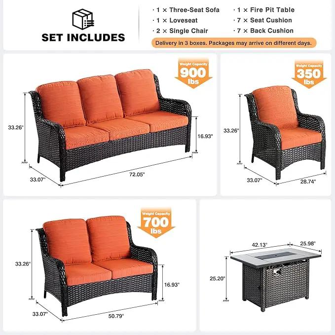 ovios 5 Pieces Patio Furniture Set with 42" Fire Pit Table, Outdoor Wicker Sofa with Loveseat, Comfy Cushions, High Back Couch Conversation Set, Brown Rattan, Orange Red by GreenHaven Gardens