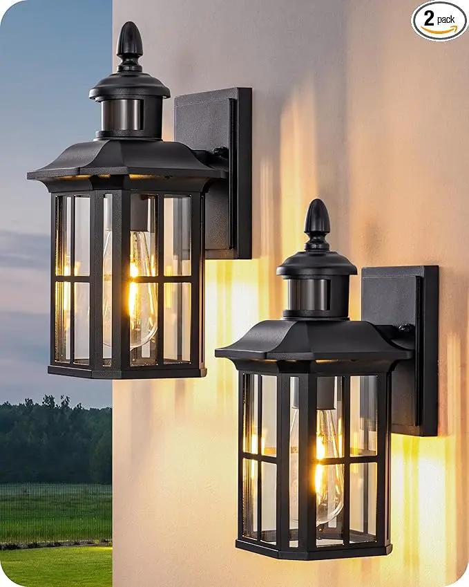 EDISHINE 2 Pack Motion Sensor Outdoor Wall Lights, Dusk to Dawn Exterior Lighting Fixture, Modern Porch Light Wall Mount, Clear Water Glass, Anti-Rust Aluminum for Front Door Garage, Patio, Black by GreenHaven Gardens