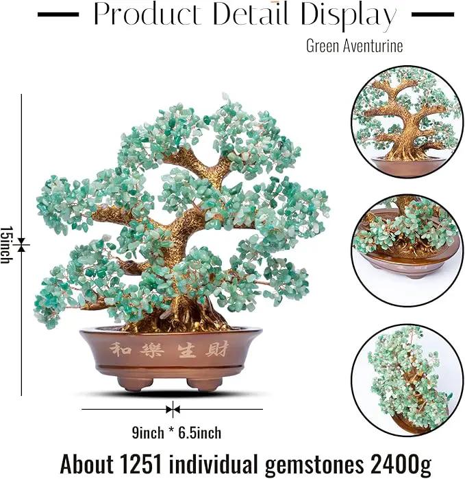 Natural Aventurine (1,251 Gemstone Count) Chakra Crystal Tree with Healing Properties - Home & Office Bonsai Feng Shui Money Tree Decoration for Luck, Success and Intelligence - 14" by GreenHaven Gardens