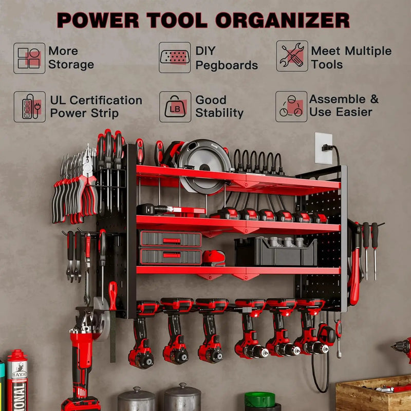 Power Tool Organizer Wall Mount with Charging Station 4 Layer 6 Slot Cordless Drill Holder with Angle Grinder Holder (Red) by GreenHaven Gardens