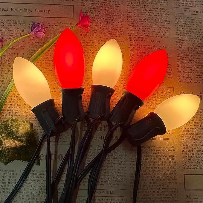 25FT C9 Christmas Lights Outdoor,Red and White C9 Christmas Lights with 26 Ceramic Bulbs(1 Spare), Connectable Incandescent Christmas Lights for Indoor Outdoor Party Home Decor,Green Wire by GreenHaven Gardens