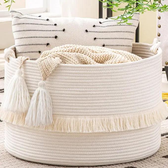 KAKAMAY Large Blanket Basket (20"x13"),Woven Baskets for storage Baby Laundry Hamper, Cotton Rope Blanket Basket for Living Room, Laundry, Nursery, Pillows, Baby Toy chest (White) by GreenHaven Gardens
