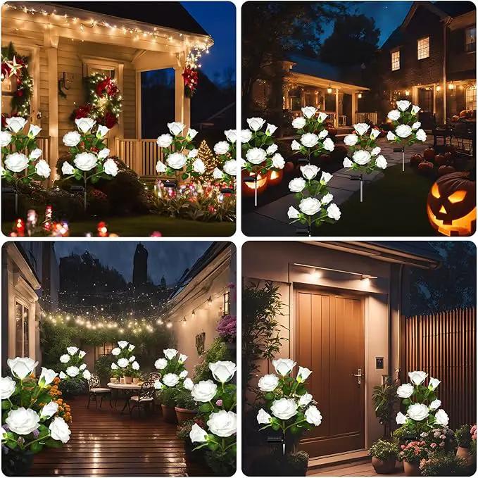 2 Pack Solar Garden Lights Outdoor, 7-Flower Rose LED Stake Light for Yard Patio Pathway Lawn Fence Cemetery, White by GreenHaven Gardens