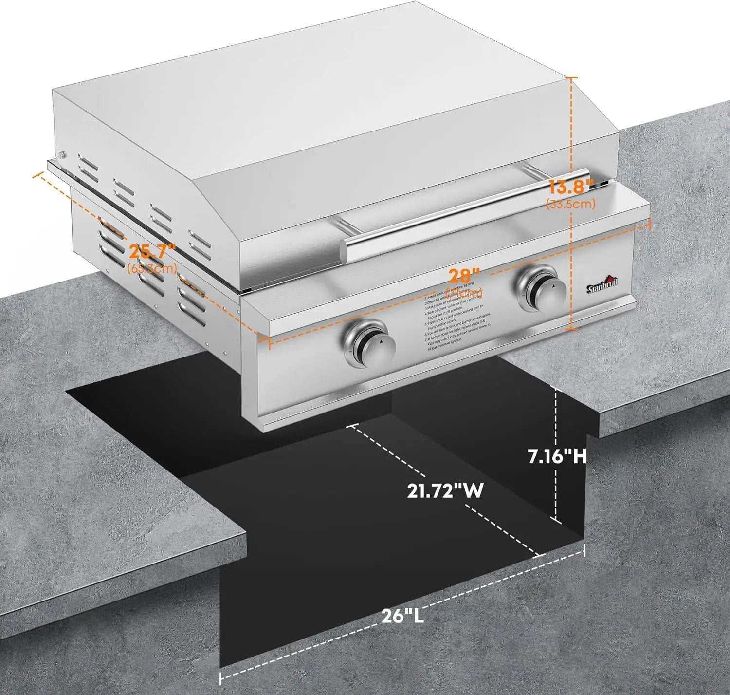 Stanbroil 28-Inch Premium Built-In Liquid Propane Griddle for Outdoor Kitchen Grill, Durable Stainless Steel 2-Burner Flat Top Grill with Lid for BBQ Island, 34,000 BTUs by GreenHaven Gardens
