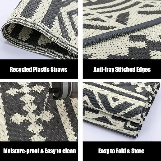 RV Waterproof Mat Outdoor Rugs 9'x12' for Patios Clearance Carpet Camping, Large Plastic Straw (9x12ft Geometric Boho Grey&White) by GreenHaven Gardens