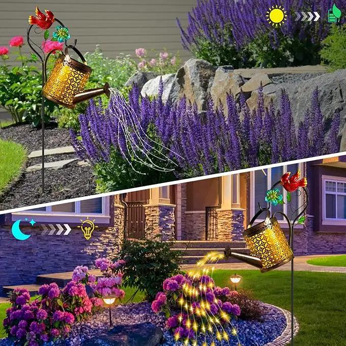 Solar Metal Watering Can with Cardinal Shepherd Hook and Cascading Lights - Outdoor Solar Lantern for Garden, Yard, Patio - Christmas Decor and Gardening Gifts for Women by GreenHaven Gardens