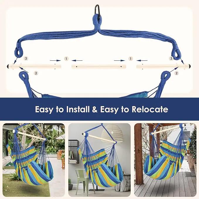 Highwild Hammock Chair Hanging Rope Swing - Max 500 Lbs - Steel Spreader Bar with Anti-Slip Rings - for Any Indoor or Outdoor Spaces (Blue Striped) by GreenHaven Gardens