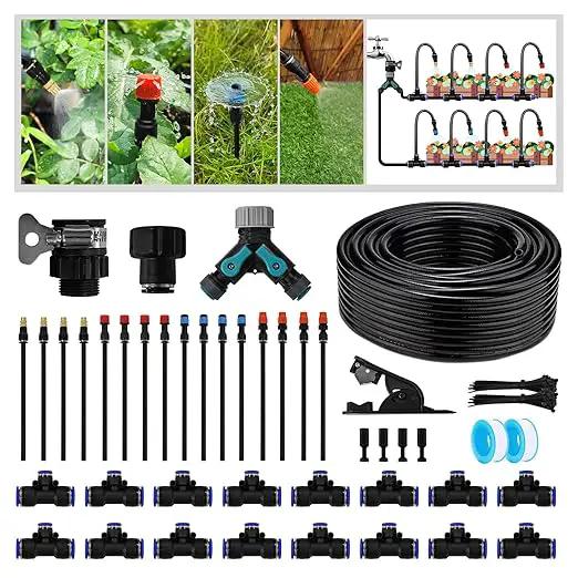 Garden Drip Irrigation Kit, 100ft Black Hose, 360° Pure Copper Closeable Nozzle, Patio Misting Plant Watering Sprinkler, Faucet Separator, Sprinkler Hose Adapter (16 360° nozzles + 16 T-connectors) by GreenHaven Gardens