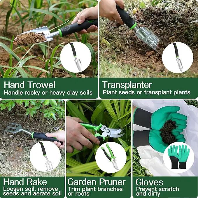 Gardening Tools Set, 8PCS Heavy Duty Garden Tools with Non-Slip Rubber Grip with Large Garden Bag for Tools Aluminum Alloy Hand Tools for Gardening,Gardening Gifts for Women and Men, Green by GreenHaven Gardens