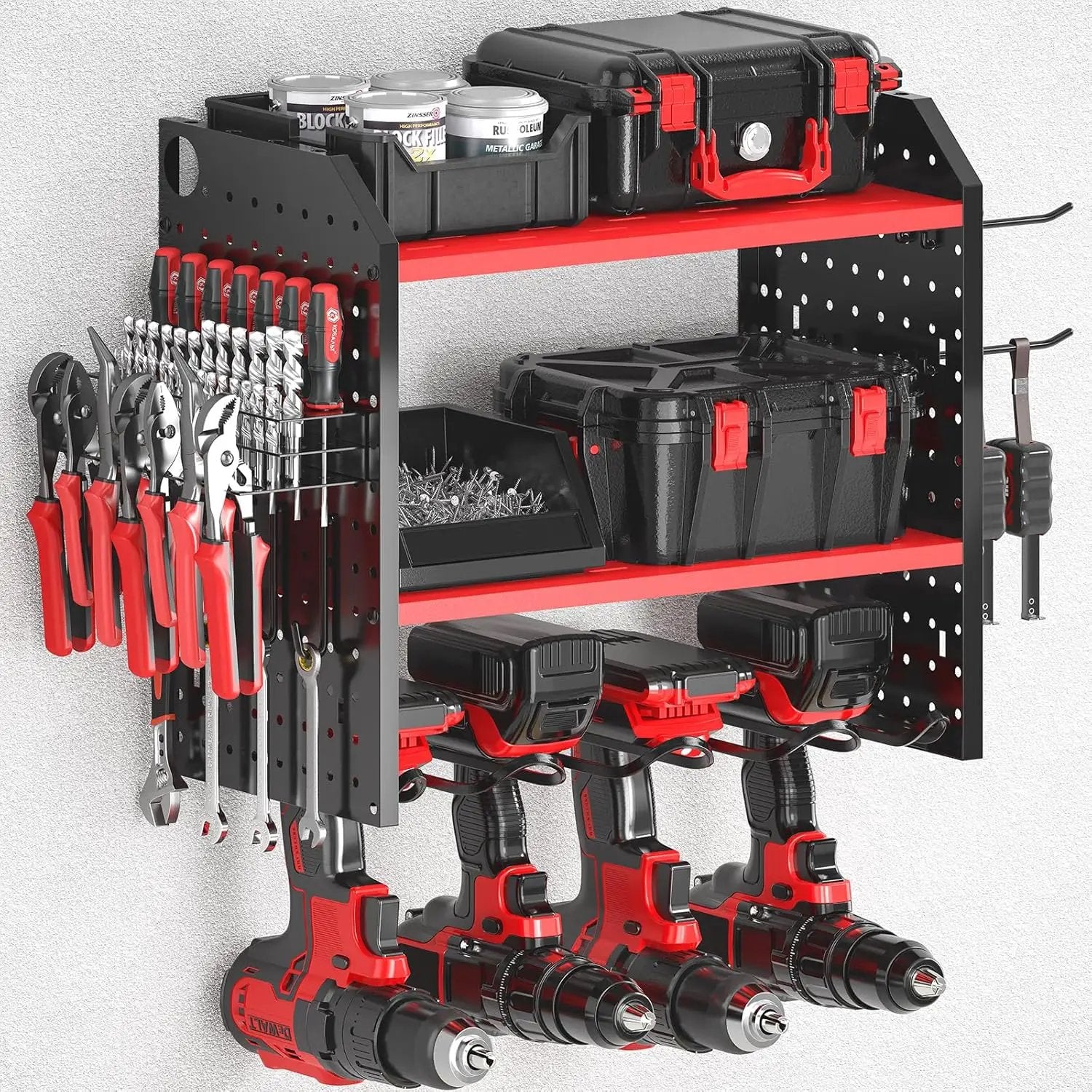 KAFAHOM Power Tool Organizer for Tool Storage, Drill Holder Wall Mount With 2 Side Pegboards, Metal Tool Shelf with 12 Hooks, Tool Organizers Storage Rack, Utility Cordless Drill Rack Red by GreenHaven Gardens