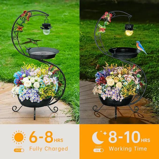 Bird Bath for Outside with Solar Lamp, 36" Birdbaths for Outdoors with Planter Flower Pot, Metal Bird Bath Bowl for Garden Yard Decor (All Black) by GreenHaven Gardens