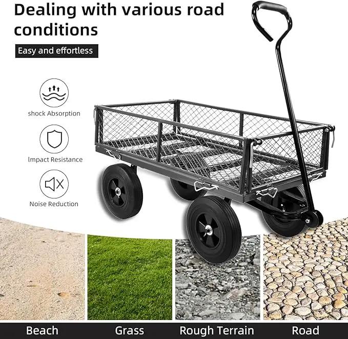Heavy Duty 480 Lbs Capacity Mesh Steel Garden Cart Folding Utility Wagon with Removable Sides (Black) by GreenHaven Gardens