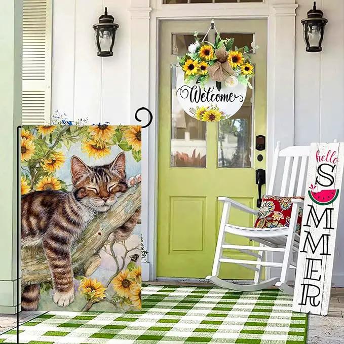BLKWHT Summer Cat Garden Flag 12x18 Inches Double Sided for Outside, Sunflower Burlap Small Seasonal Yard Flag for Outdoor Decor BW640 by GreenHaven Gardens