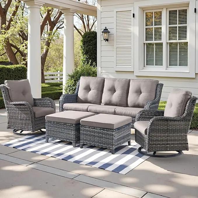 Outdoor Wicker Patio Furniture Set - 5 Piece Rattan Patio Conversation Set with 2 Rocking Swivel Chairs,2 Ottomans and 1 Sofa for Porch Deck Backyard Garden(Mixed Grey/Grey) by GreenHaven Gardens
