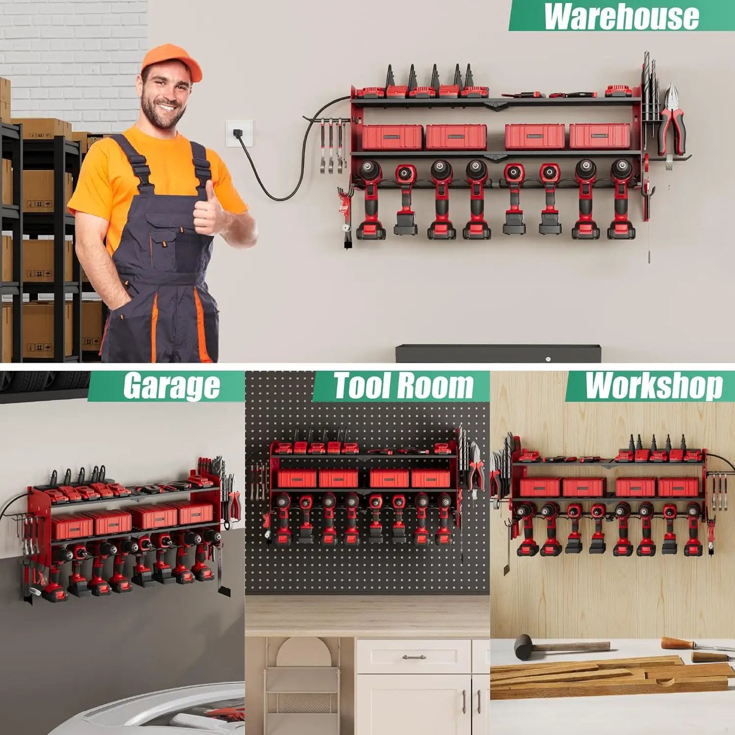 Suchtale Power Tool Organizer with Charging Station,33.2" Garage 8 Drill Holders Wall Mount,3 Layers Heavy Duty Metal Tool Shelf Built in 8 Outlets Power Strip, Gift for Men, Father, Red by GreenHaven Gardens