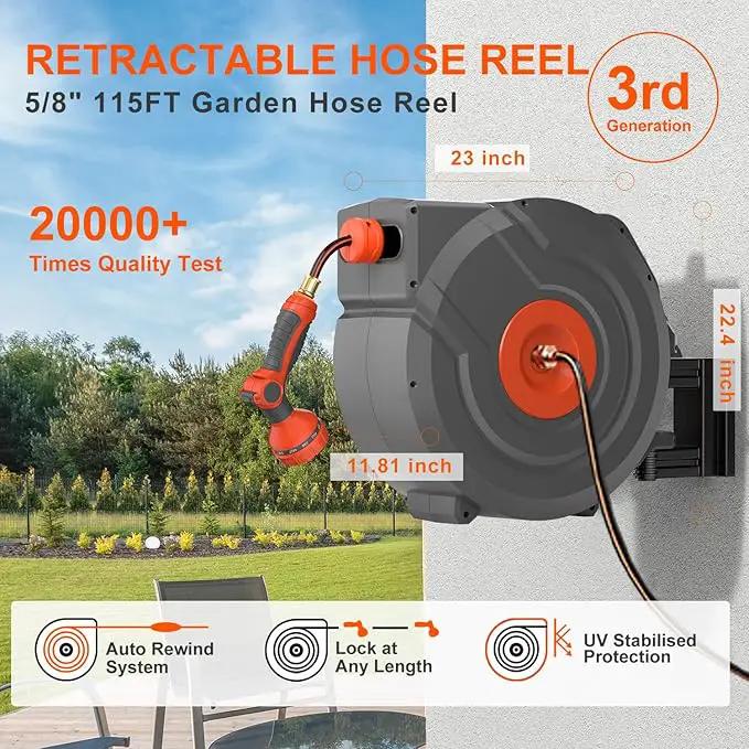 Upgraded Retractable Garden Hose 5/8 in x 115 ft Heavy Duty Wall-Mounted Hose Reel 180°Swivel Automatic Slow Return Any Length Lock 9 Pattern Nozzle UV Resistant (Black) by GreenHaven Gardens