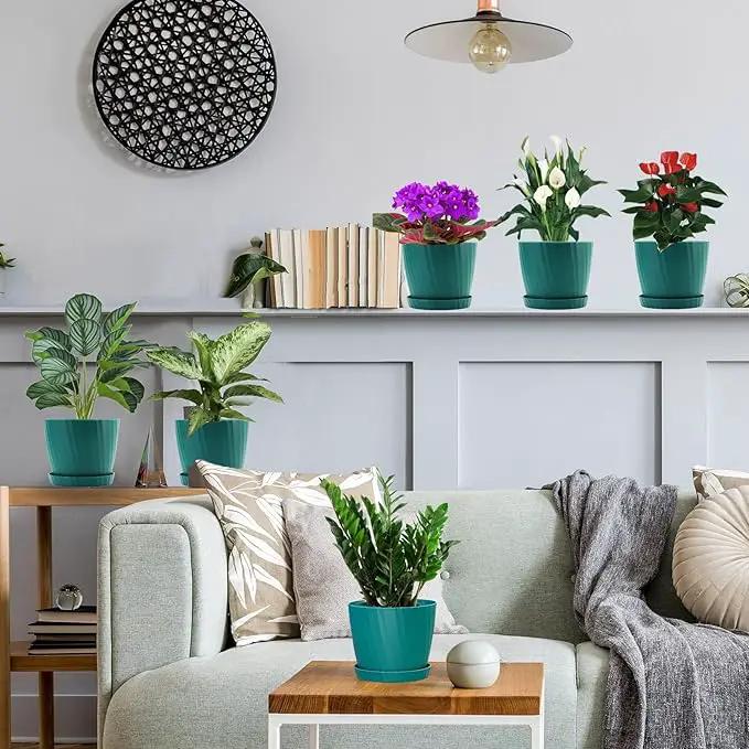 7 Inch Plant Pots Bulk, 6 Pack Plastic Planters with Drainage Holes and Saucers for Indoor Outdoor House Plants and Flowers, Green by GreenHaven Gardens