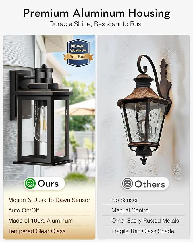 VIANIS 2 Packs Motion Sensor Outdoor Lights for House, Dusk to Dawn Front Porch Light, Black Gold Outdoor Light Fixture Sconce with Tempered Glass for House, Doorway, Entryway,Hardwired, Non-Solar by GreenHaven Gardens