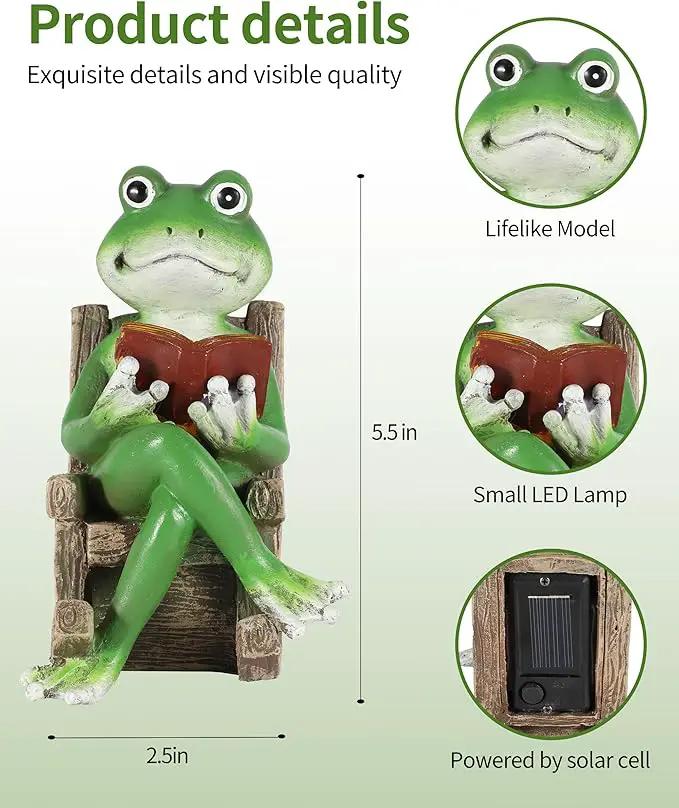 iStatue Miniature Solar Frog Reading Book Figurine Light - 5.5'' Resin Chair Statue Outdoor Table Decor for Lawn Ornaments, Patio, Yard & Garden and Home by GreenHaven Gardens