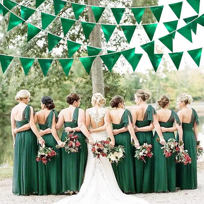 Green Party Decorations Triangle Pennant Banner Flag Dark Green Metallic Fabric Bunting Garland for Graduation Wedding Bridal Shower Birthday Baby Shower Holiday Retirement Game Party Supplies by GreenHaven Gardens