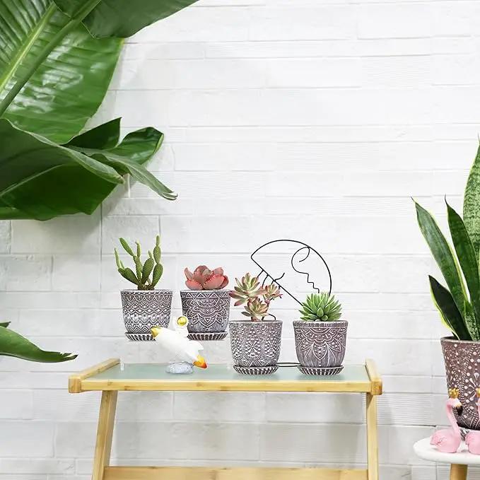 Gepege Succulent Pots, 4 Inch Small Indoor Ceramic Planter Pot with Drainage Holes and Saucers for Plants - Set of 4 by GreenHaven Gardens