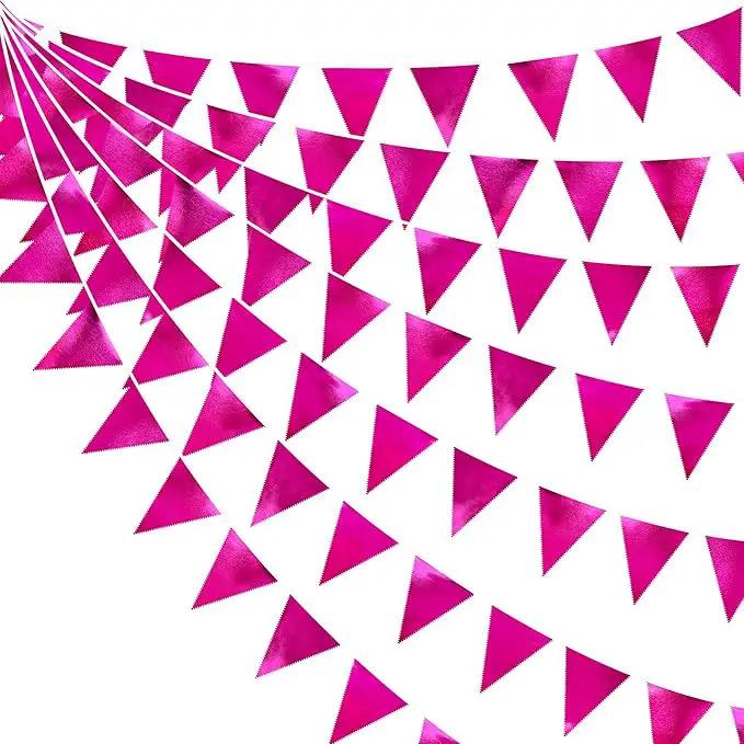 Hot Pink Party Decorations Triangle Pennant Banner Flag Rose Pink Metallic Fabric Bunting Garland for Birthday Bachelorette Wedding Bridal Shower Anniversary Flamingo Theme Party Supplies by GreenHaven Gardens