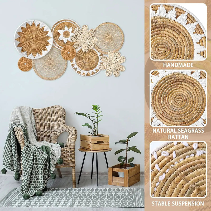 Xuhal Set of 8 Hanging Woven Wall Basket Handmade Decorative Rustic Boho Basket Decor Handcrafted Wicker Round Seagrass Wall Art for Home Kitchen Farmhouse Table Living Room by GreenHaven Gardens