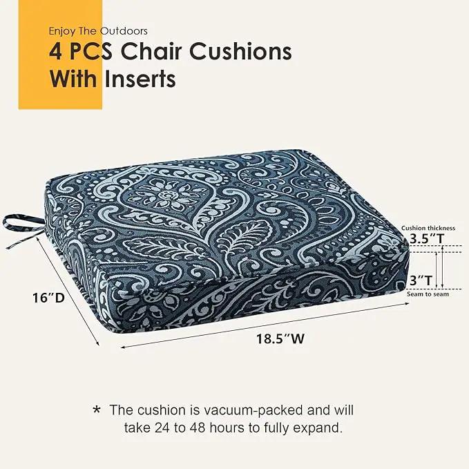 Outdoor Square Corner Seat Cushion, 18.5"x16"x3", Set of 4, Non Slip Seat Cushion Pads with Removable Cover for Patio Furniture, Garden Yard Lawn, Damask Vine by GreenHaven Gardens